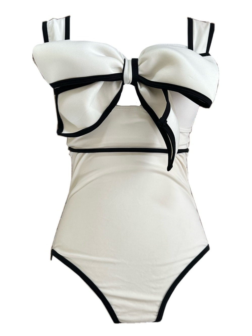 White One-Piece Swimsuit with Black Trim and Bow Accent